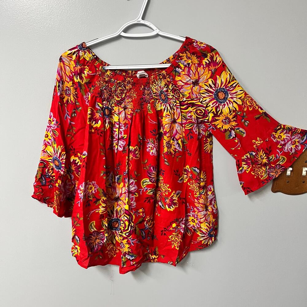 Beachlunchlounge Latoya bell sleeve‎ elastic neckline floral peasant top red sm